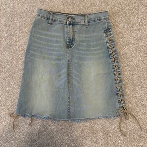 neeso Womens Denim Mini Skirt Lace Up‎ Side Frayed Hem Light Wash Size 3 Vtg Y2k
